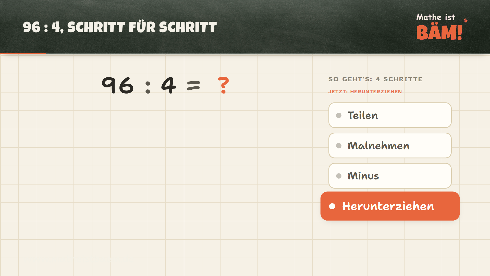 Tafel mit der Aufgabe 96 geteilt durch 4